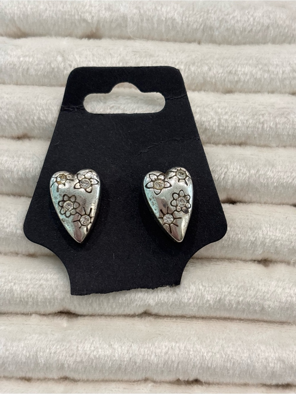Brighton Silver Heart Floral Stud Earrings with Engraved Blossoms
